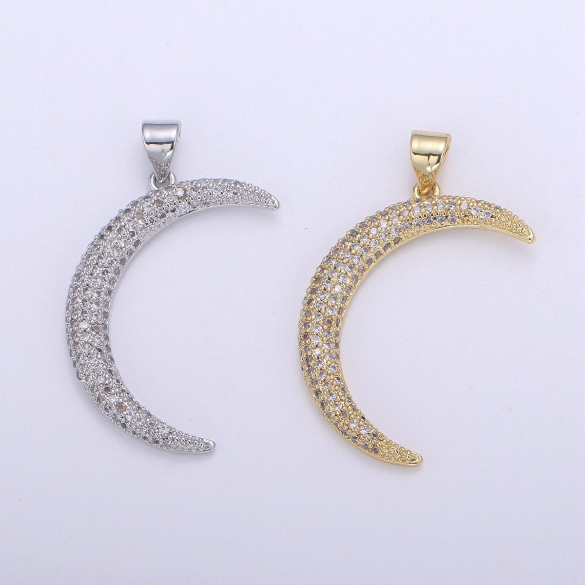 Big Micro Pave Crescent Moon Charm, CZ Clear 14K gold-White Gold Pendant, Cubic Necklace Charm Celestial Jewelry Making H-719 H-720 - DLUXCA