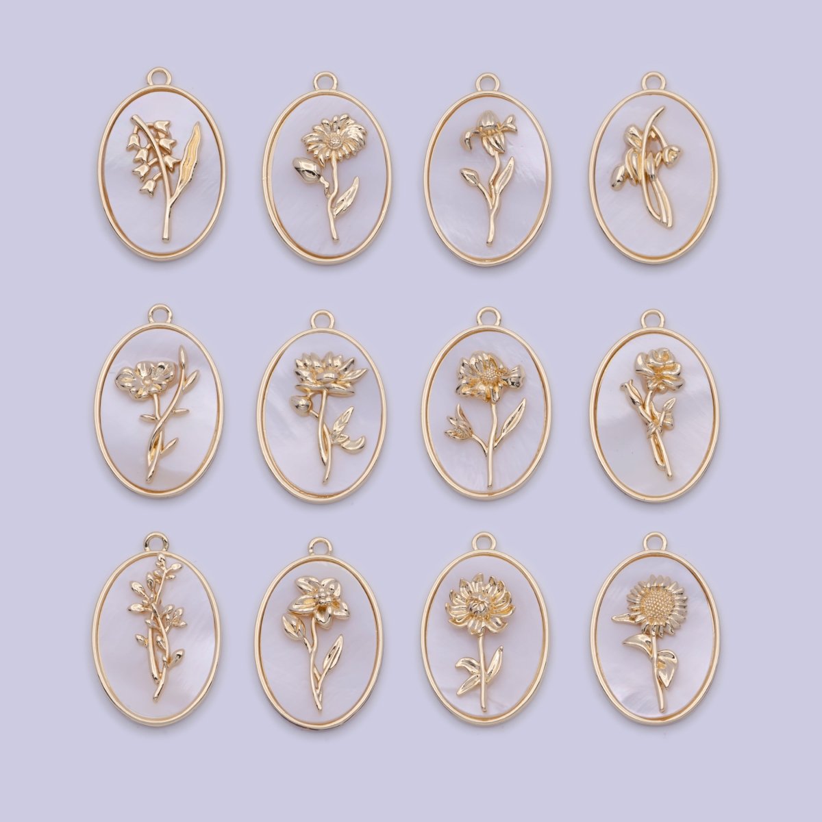 Birth Flower Shell Pearl Oval Gold MOP Charms Set C-413,C-440,C-587,C-596,C-630,C-661,C-696,C-702,C-764，C-722,C-727,C-766, - DLUXCA