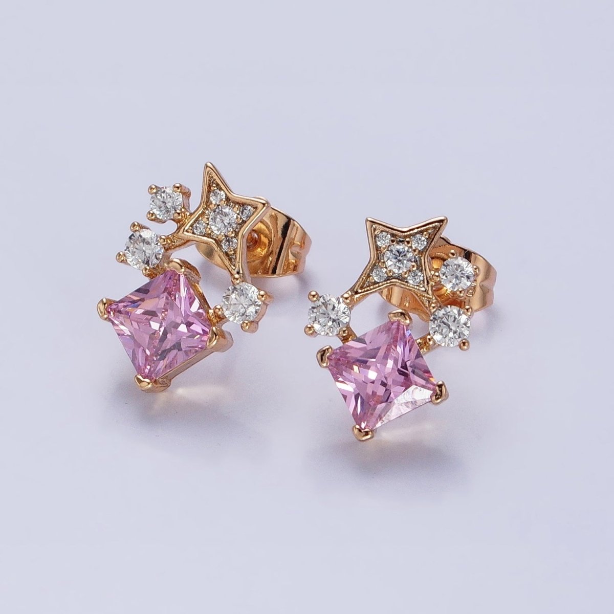 Black, Clear, Blue, Pink Rhombus CZ Stone with Star Stud Earring in 18k Gold Filled AB793 AB794 AB795 AB796 AB797 - DLUXCA