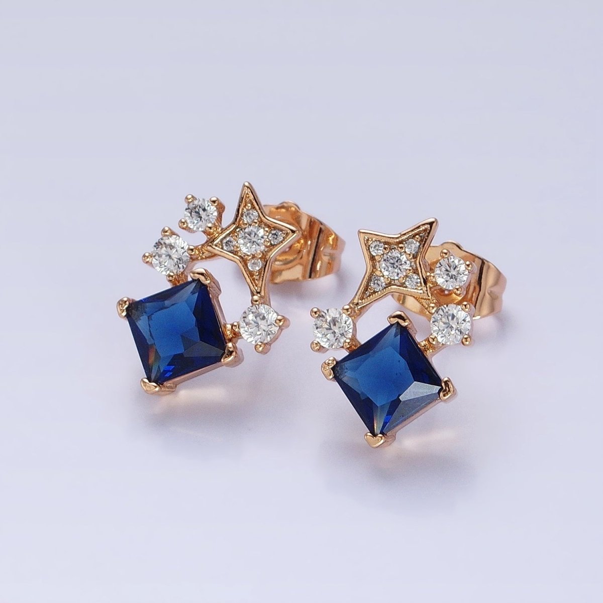 Black, Clear, Blue, Pink Rhombus CZ Stone with Star Stud Earring in 18k Gold Filled AB793 AB794 AB795 AB796 AB797 - DLUXCA