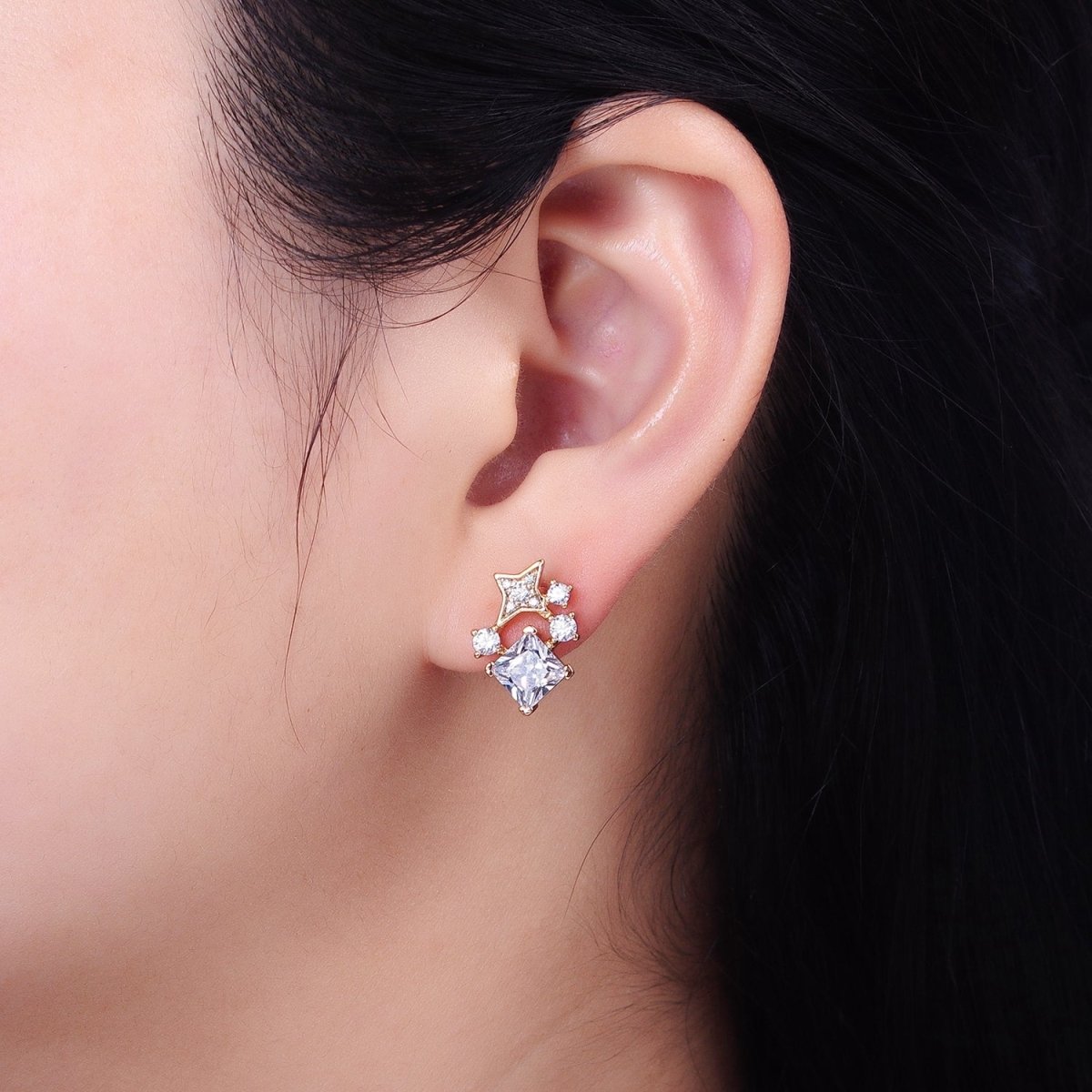 Black, Clear, Blue, Pink Rhombus CZ Stone with Star Stud Earring in 18k Gold Filled AB793 AB794 AB795 AB796 AB797 - DLUXCA