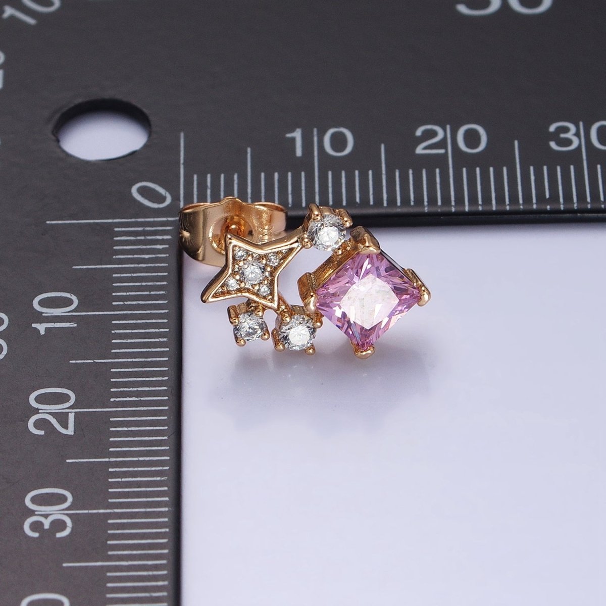 Black, Clear, Blue, Pink Rhombus CZ Stone with Star Stud Earring in 18k Gold Filled AB793 AB794 AB795 AB796 AB797 - DLUXCA