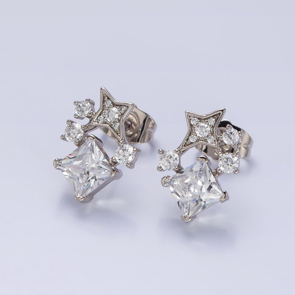 Black, Clear, Blue, Pink Rhombus CZ Stone with Star Stud Earring in 18k Gold Filled AB793 AB794 AB795 AB796 AB797 - DLUXCA