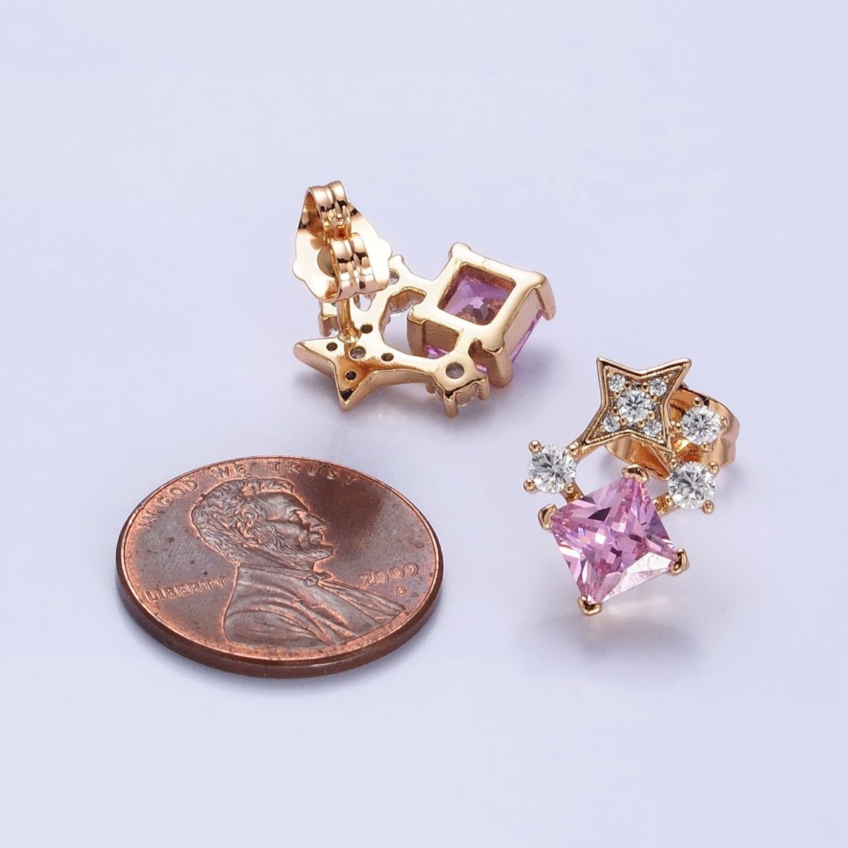 Black, Clear, Blue, Pink Rhombus CZ Stone with Star Stud Earring in 18k Gold Filled AB793 AB794 AB795 AB796 AB797 - DLUXCA