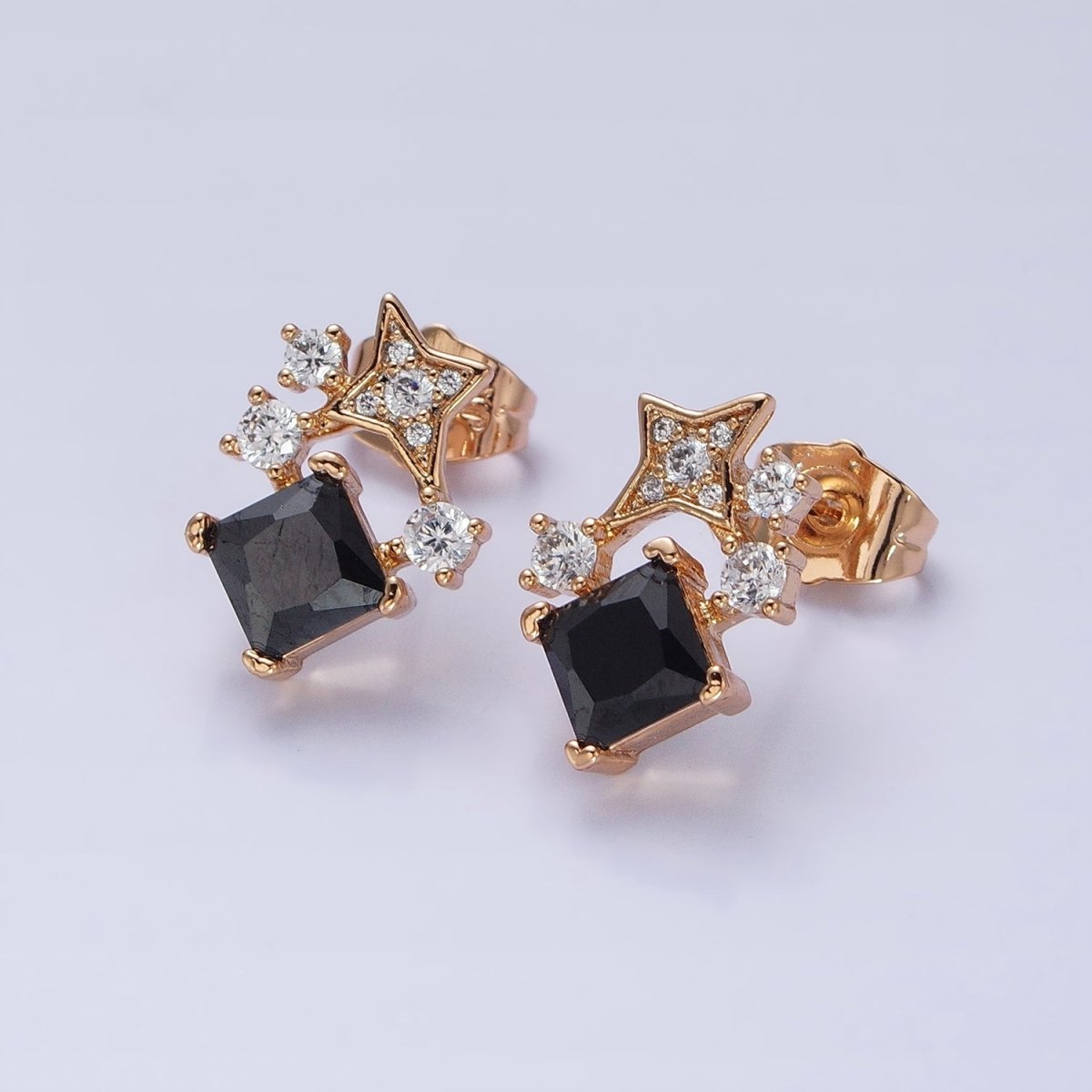 Black, Clear, Blue, Pink Rhombus CZ Stone with Star Stud Earring in 18k Gold Filled AB793 AB794 AB795 AB796 AB797 - DLUXCA