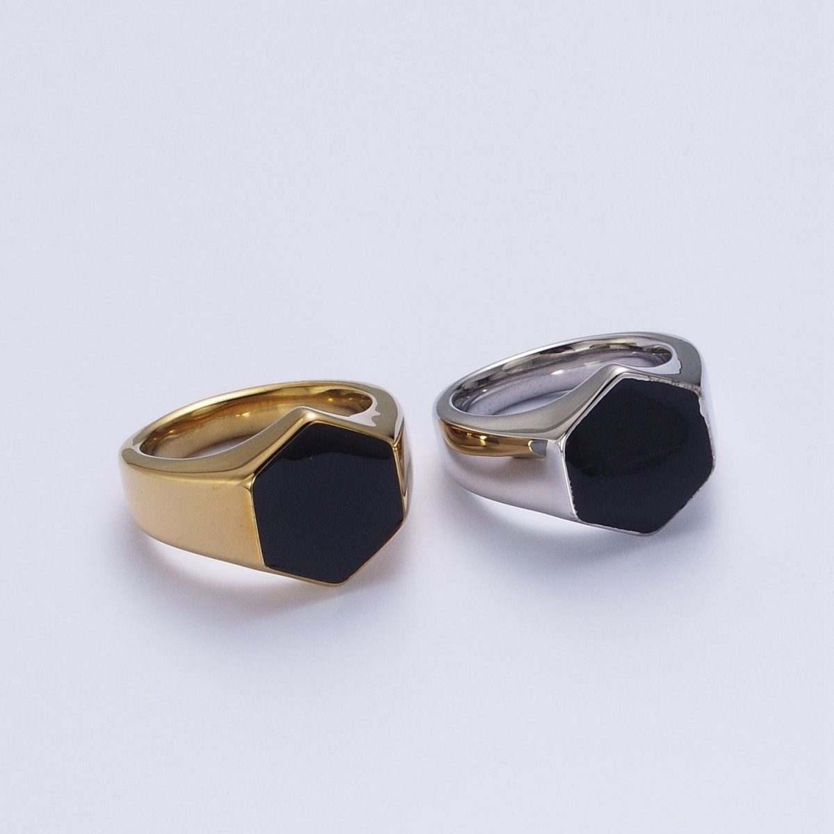 Black Cubic Zirconia CZ Hexagonal Signet Stainless Steel in Gold & Silver | O2027~ O2030 - DLUXCA