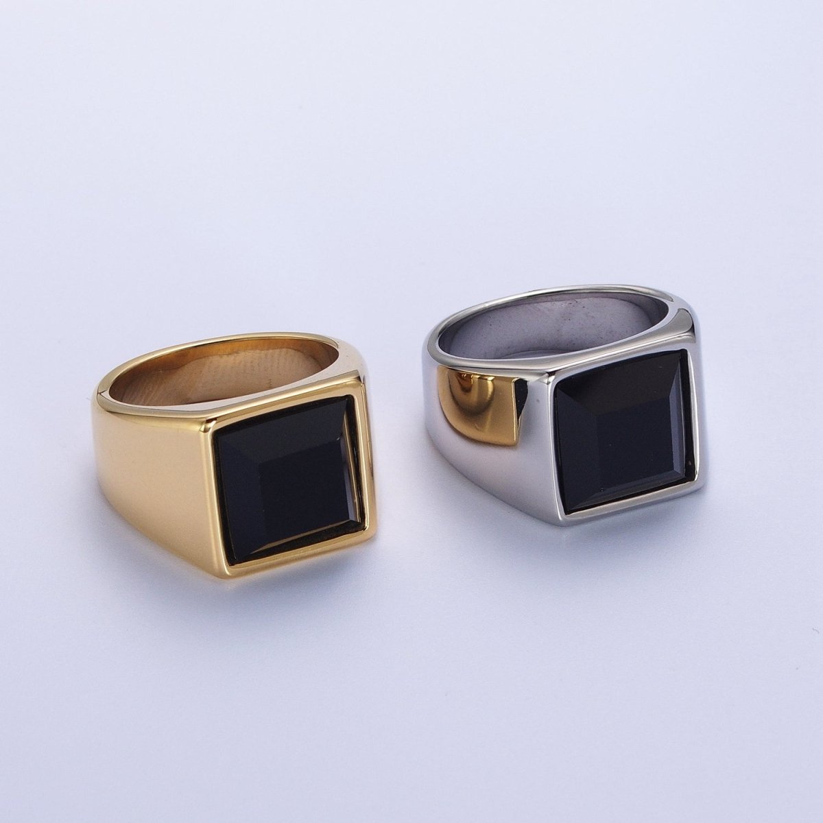Black Cubic Zirconia Polished Square Gold & Silver Stainless Steel Ring | O-2005~ O-2008 - DLUXCA
