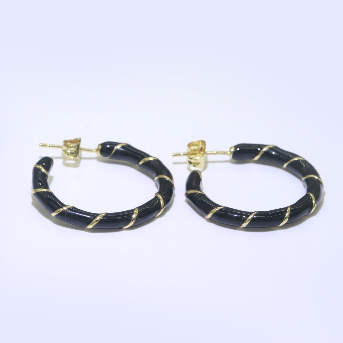 Black Enamel Hoop Earring with Gold Swirl 26mm Hoop earring Jewelry Gift T-001 - DLUXCA