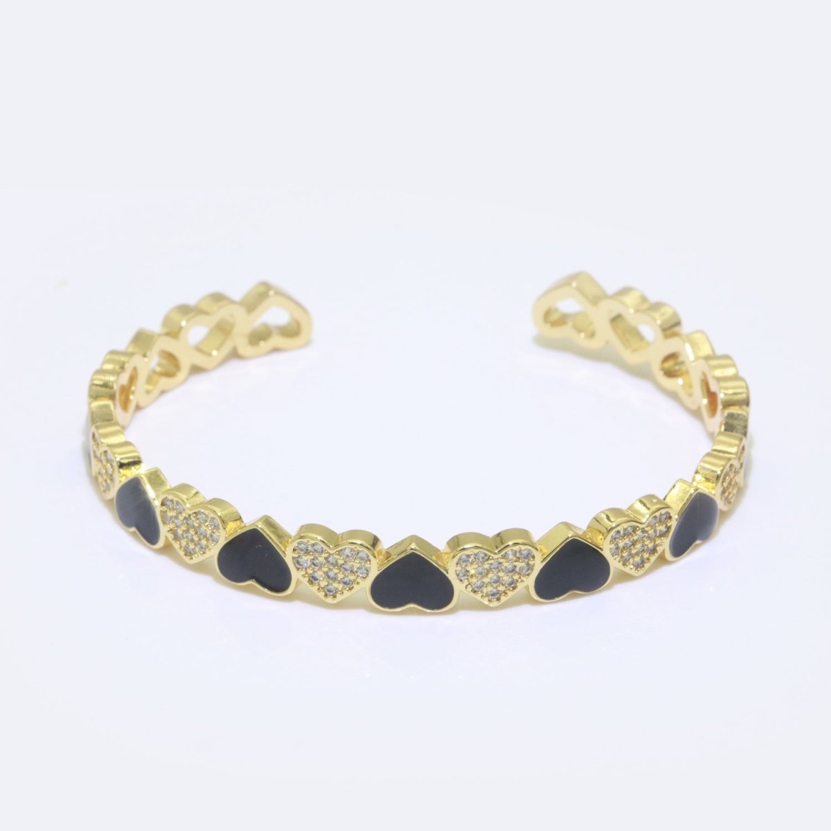 Black Heart Enamel 14k Gold Filled Adjustable Bangle, Gold Cuff Bangle Bracelet Micro Pave Jewelry - DLUXCA