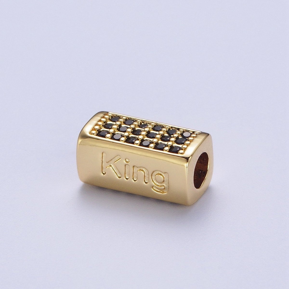 Black Micro Paved CZ Rectangular Bead with "King" Script Engraved in Gold & Silver | B-062 B-073 - DLUXCA