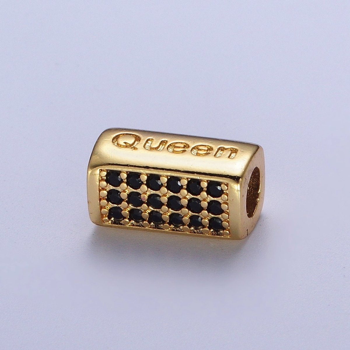 Black Micro Paved CZ Rectangular Bead with "Queen" Script Engraved in Gold & Silver, Jewelry Supply Making | B-936 B-647 - DLUXCA