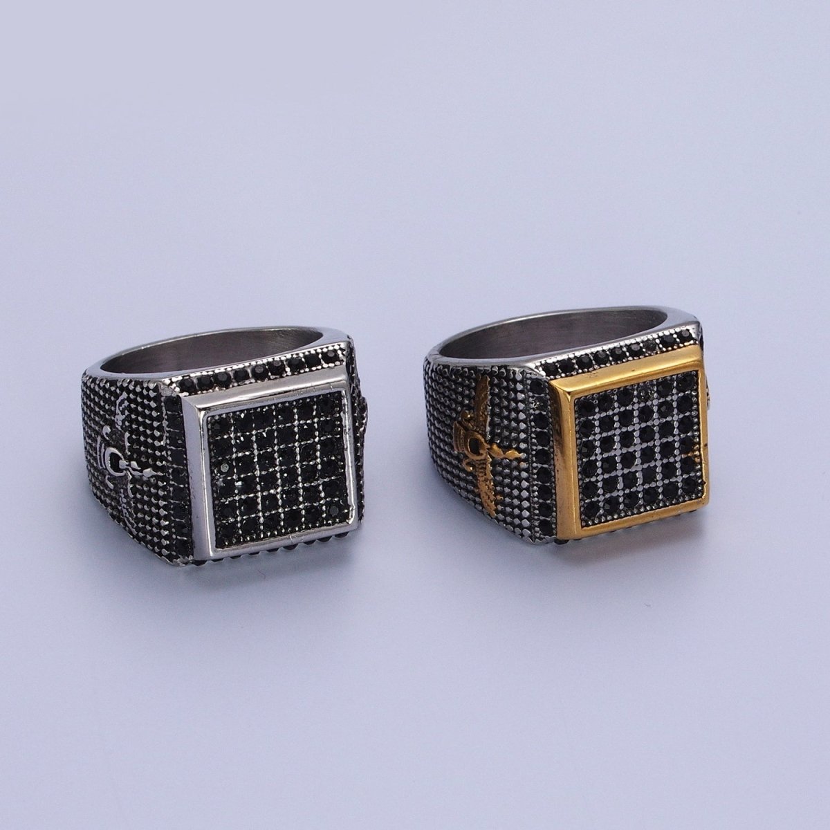 Black Micro Paved CZ Square Signet Stainless Steel Dotted Textured Ring in Gold & Silver | Y-334~Y-339 - DLUXCA