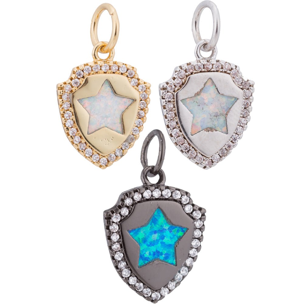Black, Silver Cute Star Shield, White Blue Opal Glitter, Medieval Armor, DIY Cubic Zirconia Bracelet Charm Bead Finding Pendant For Jewelry Making | C167 - DLUXCA