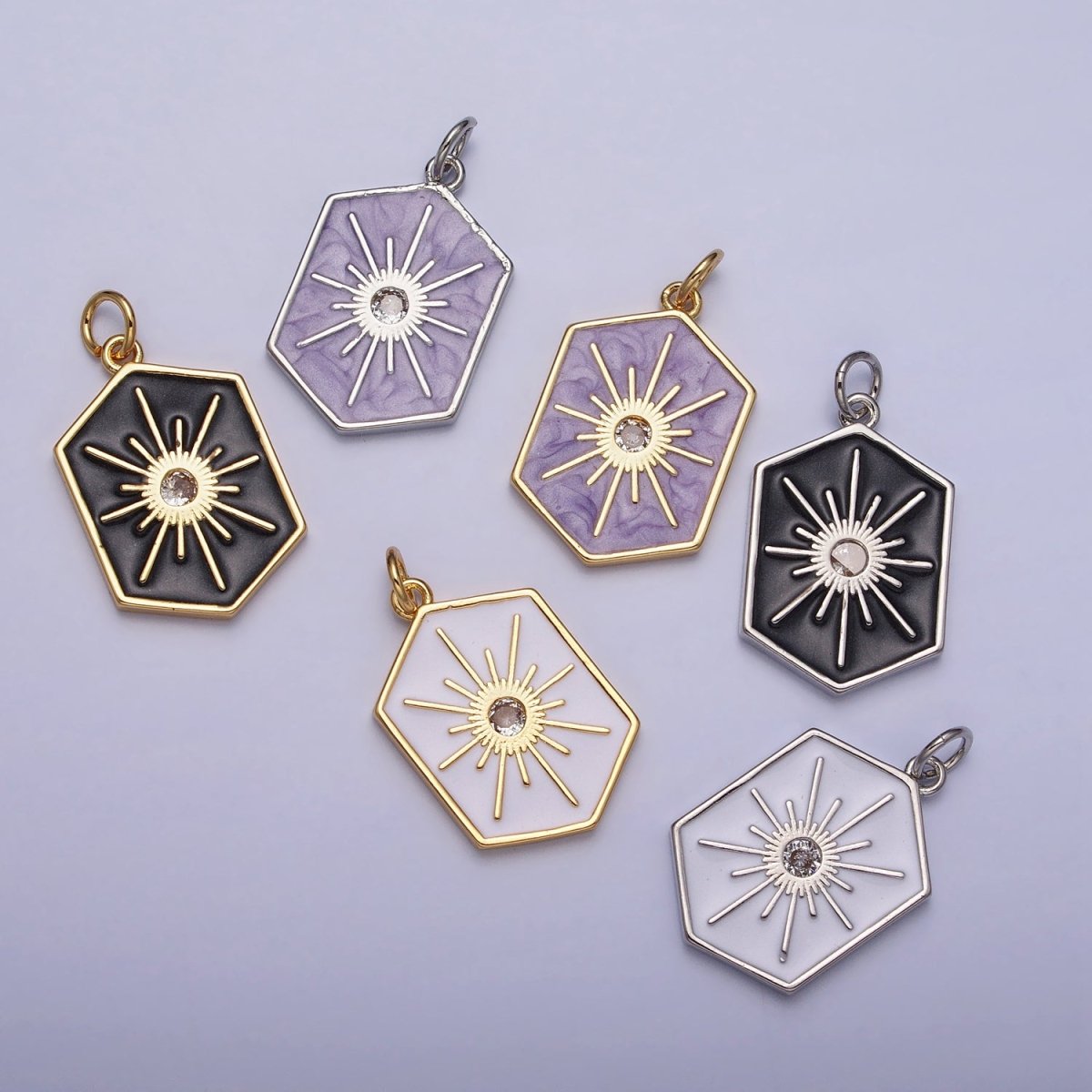 Black, White, Purple Hexagonal Celestial Sun Star Charm in Gold & Silver | AC320 - AC325 - DLUXCA