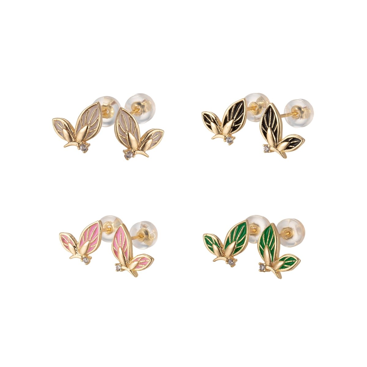 Black/Green/Pink/White Twin Sided Golden Butterfly Stud Earrings CZ Animal Colored Mariposa Nature Casual Daily Wear Earring Jewelry P-188~P-191 - DLUXCA