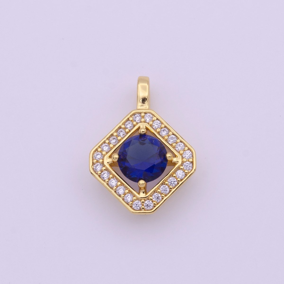 Blue Cubic Zirconia Micro Paved Gold Rhombus Pendant H-502 - DLUXCA