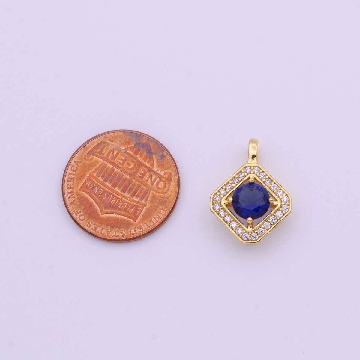 Blue Cubic Zirconia Micro Paved Gold Rhombus Pendant H-502 - DLUXCA