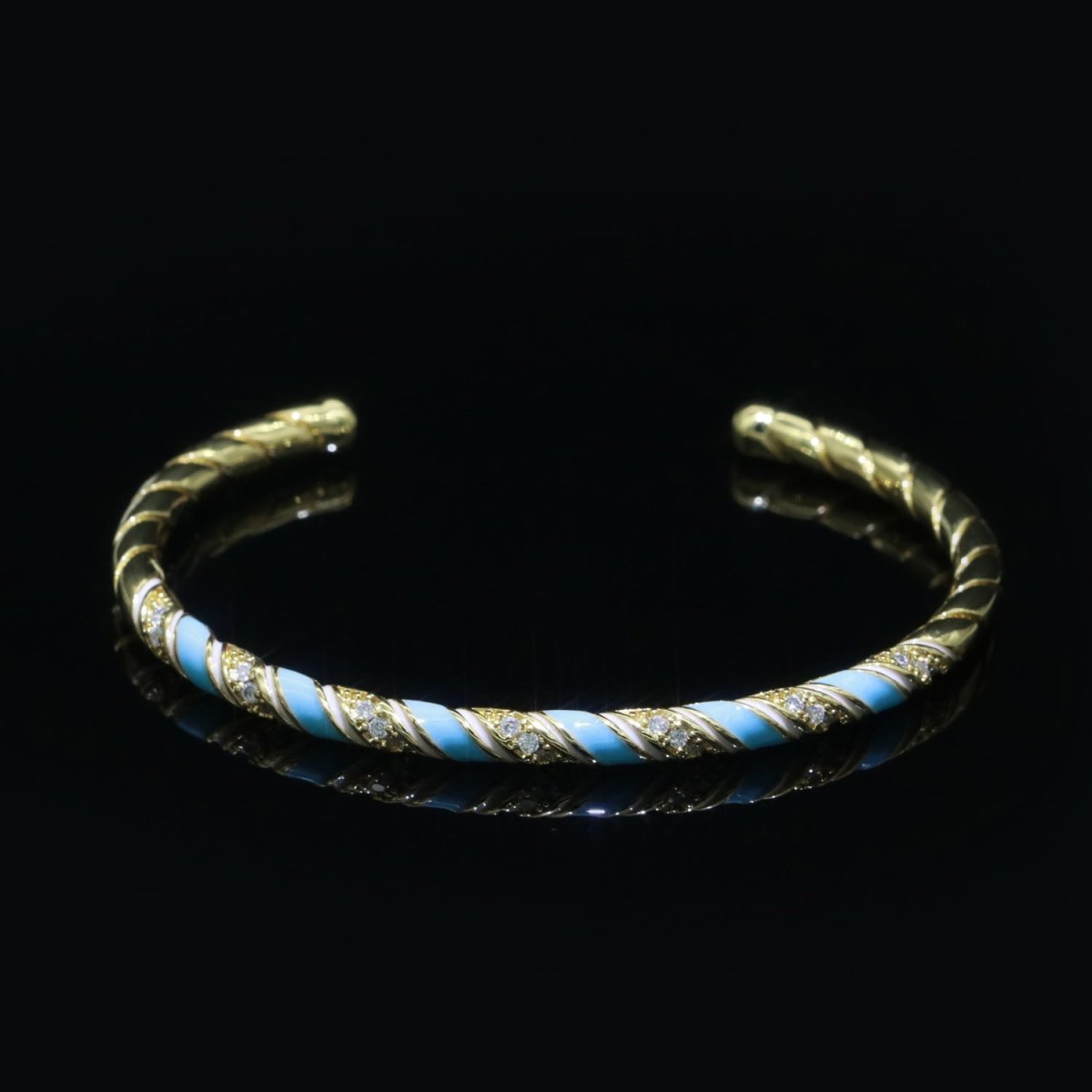 Blue Enamel Geometric Swirl Gold Filled Bangle Open Adjustable Bracelet Vintage Style Inspired | WA-115 Clearance Pricing - DLUXCA