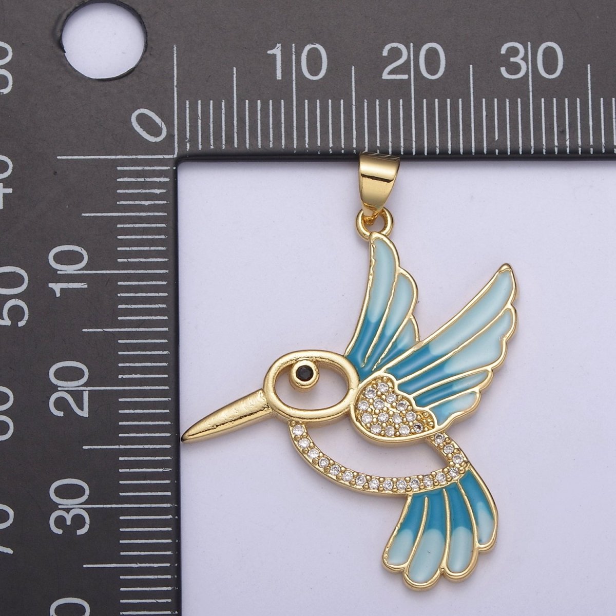 Blue Enamel Gold Hummingbird Charm 14k Gold Filled Humming Bird Pendant 38mmx31mm gold Cz Animal jewelry H-101 - DLUXCA