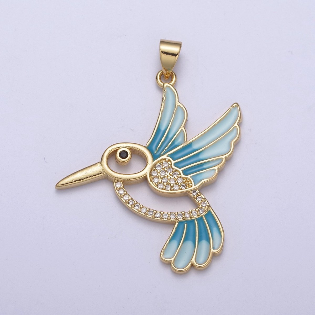 Blue Enamel Gold Hummingbird Charm 14k Gold Filled Humming Bird Pendant 38mmx31mm gold Cz Animal jewelry H-101 - DLUXCA