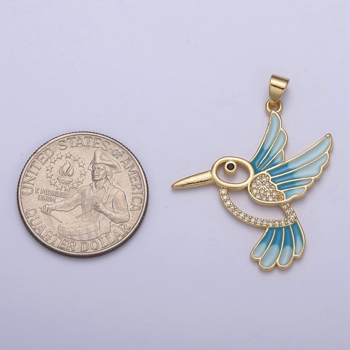 Blue Enamel Gold Hummingbird Charm 14k Gold Filled Humming Bird Pendant 38mmx31mm gold Cz Animal jewelry H-101 - DLUXCA