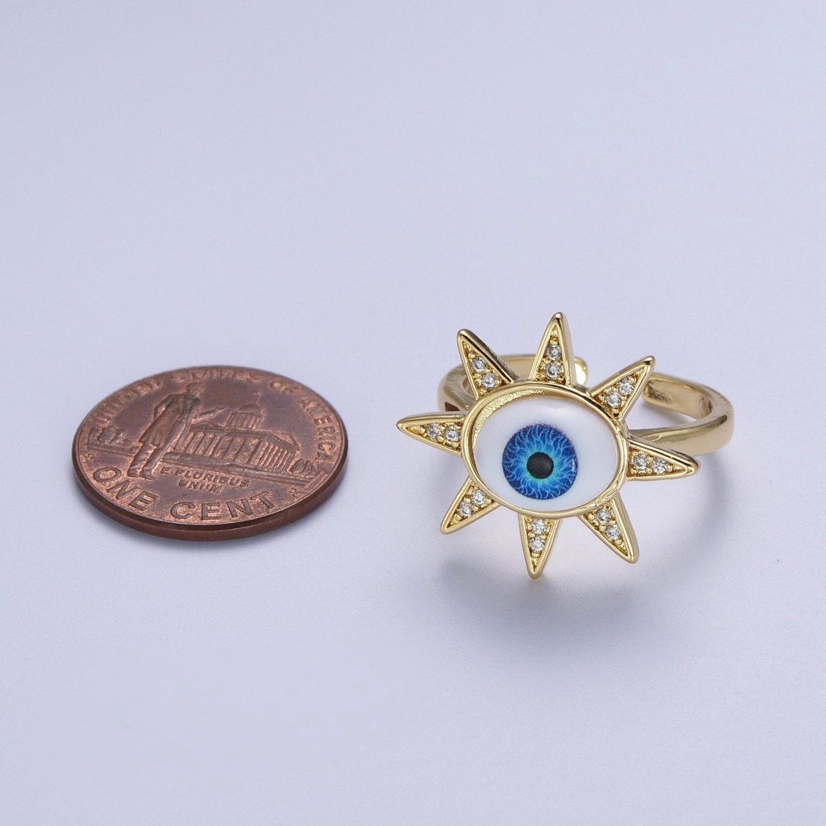 Blue Evil Eye of Ra Celestial Sun Star Micro Paved CZ Bezel Gold Adjustable Protection Ring | O-2002 - DLUXCA