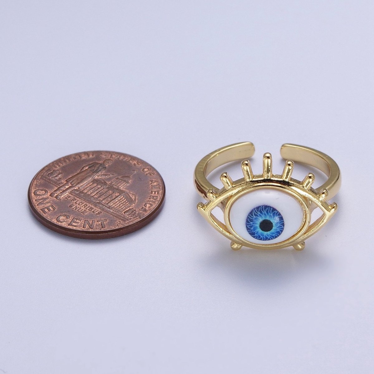 Blue Evil Eye of Ra Eyelash Bezel Gold Adjustable Protection Ring | O-2003 - DLUXCA