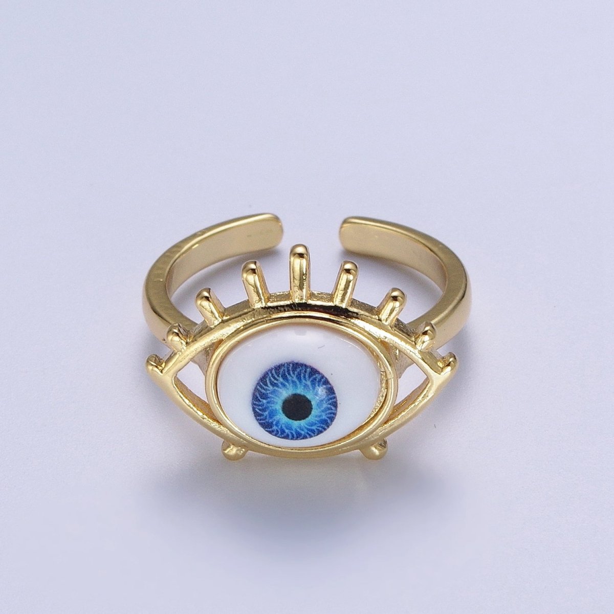 Blue Evil Eye of Ra Eyelash Bezel Gold Adjustable Protection Ring | O-2003 - DLUXCA