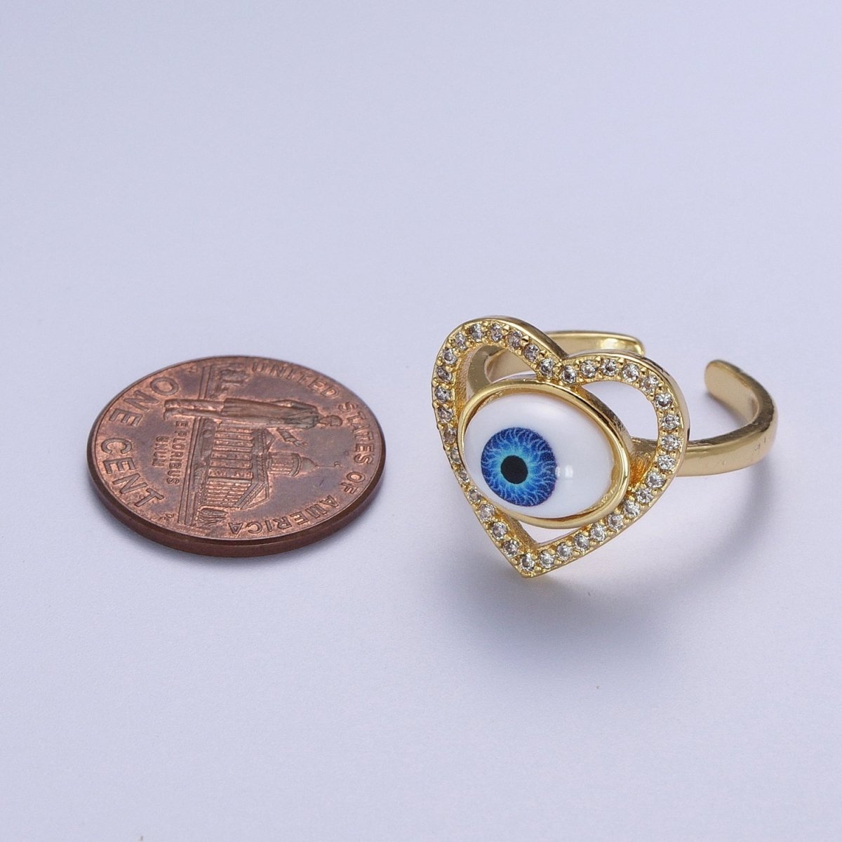 Blue Evil Eye of Ra Heart Love Micro Paved CZ Bezel Gold Adjustable Protection Ring | O-2004 - DLUXCA