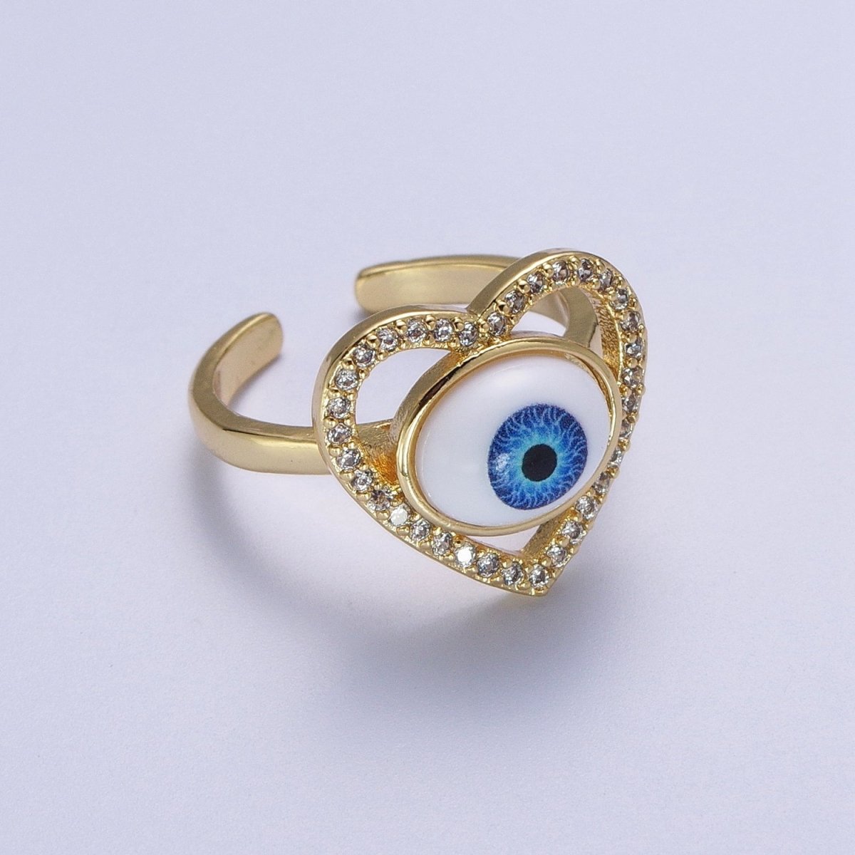 Blue Evil Eye of Ra Heart Love Micro Paved CZ Bezel Gold Adjustable Protection Ring | O-2004 - DLUXCA
