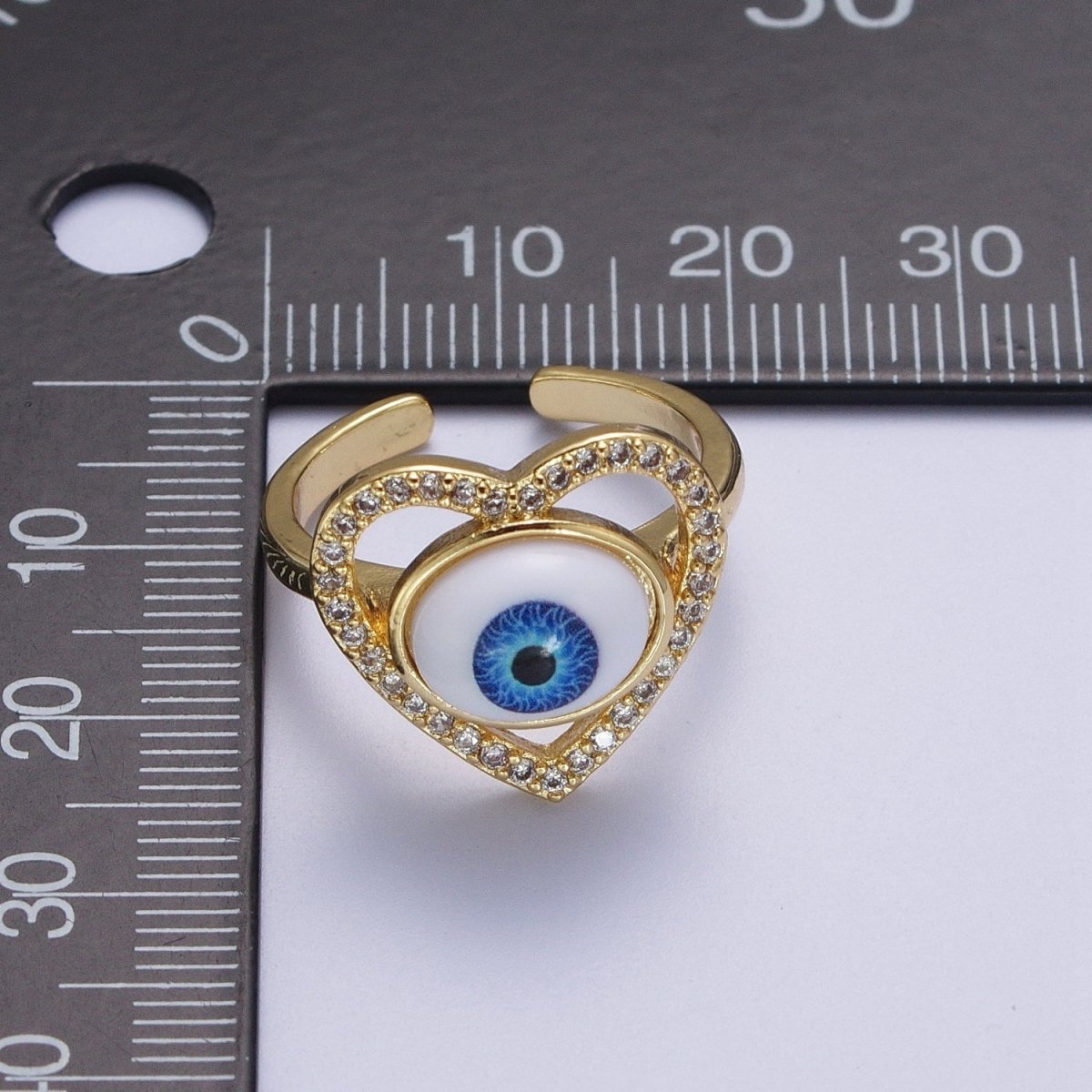 Blue Evil Eye of Ra Heart Love Micro Paved CZ Bezel Gold Adjustable Protection Ring | O-2004 - DLUXCA