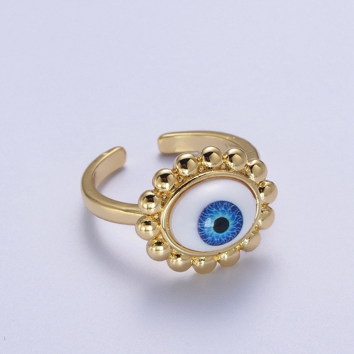 Blue Evil Eye of Ra Round Beaded Bezel Gold Adjustable Protection Ring | O-2001 - DLUXCA