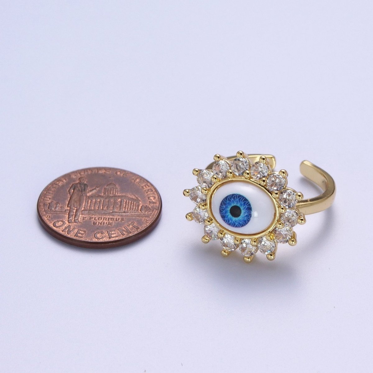 Blue Evil Eye of Ra Round Cubic Zirconia Bezel Gold Adjustable Protection Ring | O-2000 - DLUXCA