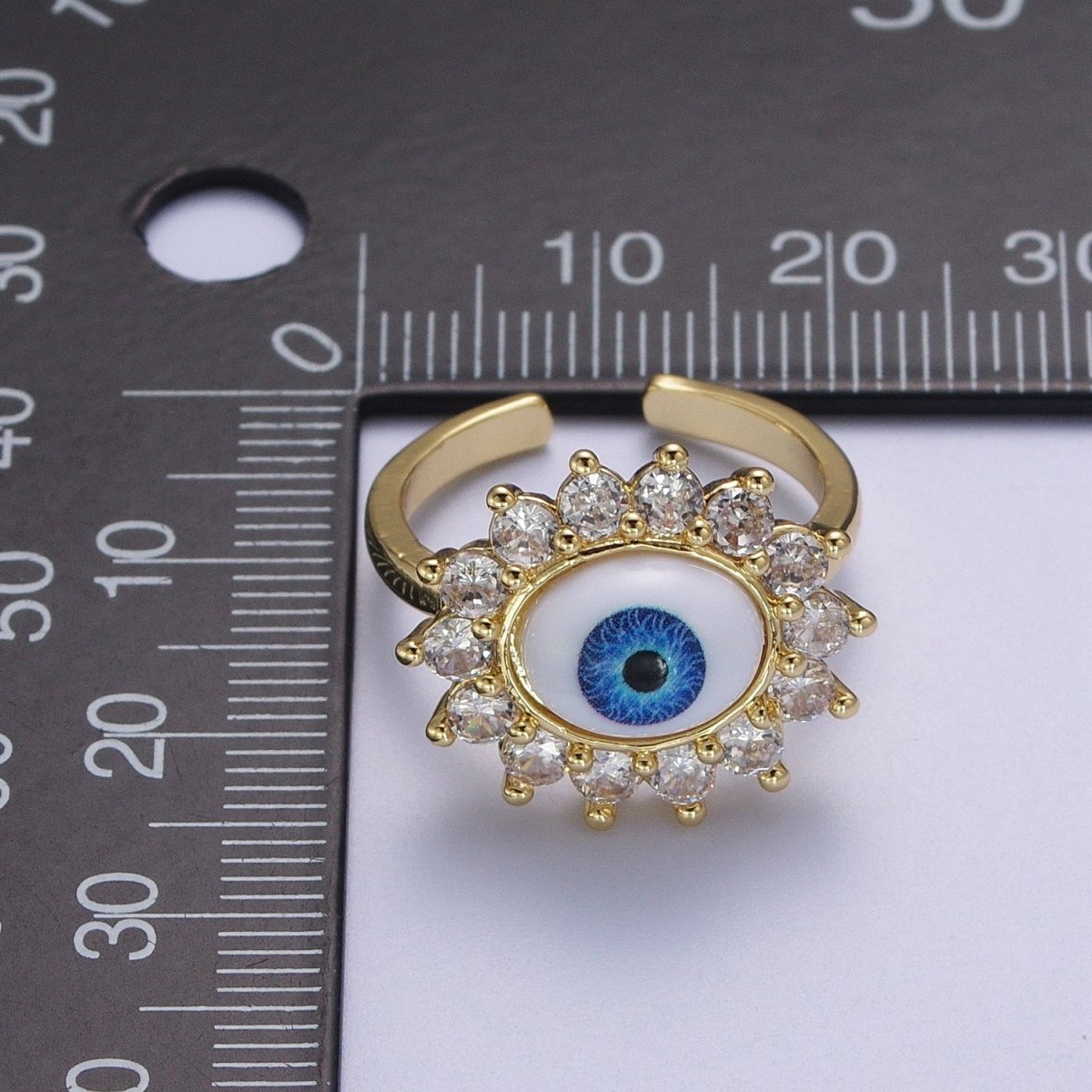 Blue Evil Eye of Ra Round Cubic Zirconia Bezel Gold Adjustable Protection Ring | O-2000 - DLUXCA