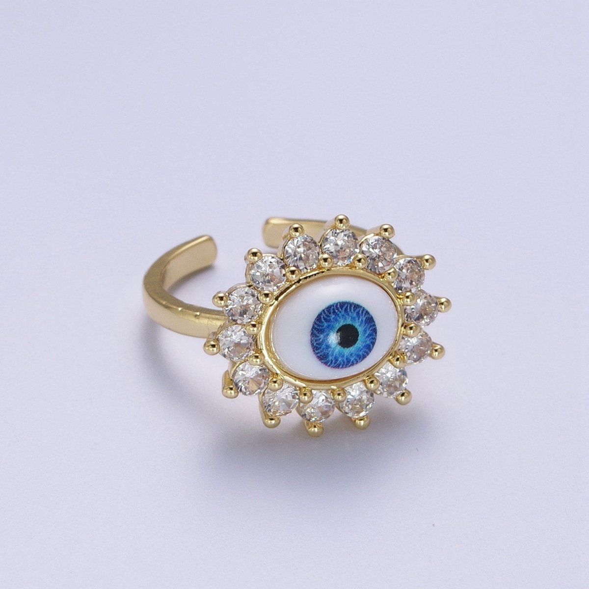 Blue Evil Eye of Ra Round Cubic Zirconia Bezel Gold Adjustable Protection Ring | O-2000 - DLUXCA