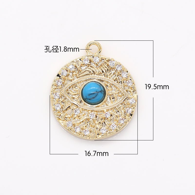 Blue Evil Eye on Crystal Gold Plated Rustic Coin Charm CZ Golden Medallion Micro Pave Charm Pendant GP-485 - DLUXCA