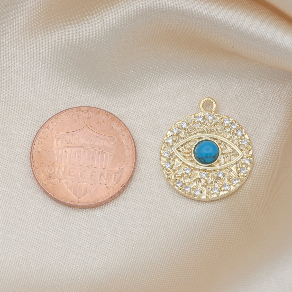 Blue Evil Eye on Crystal Gold Plated Rustic Coin Charm CZ Golden Medallion Micro Pave Charm Pendant GP-485 - DLUXCA