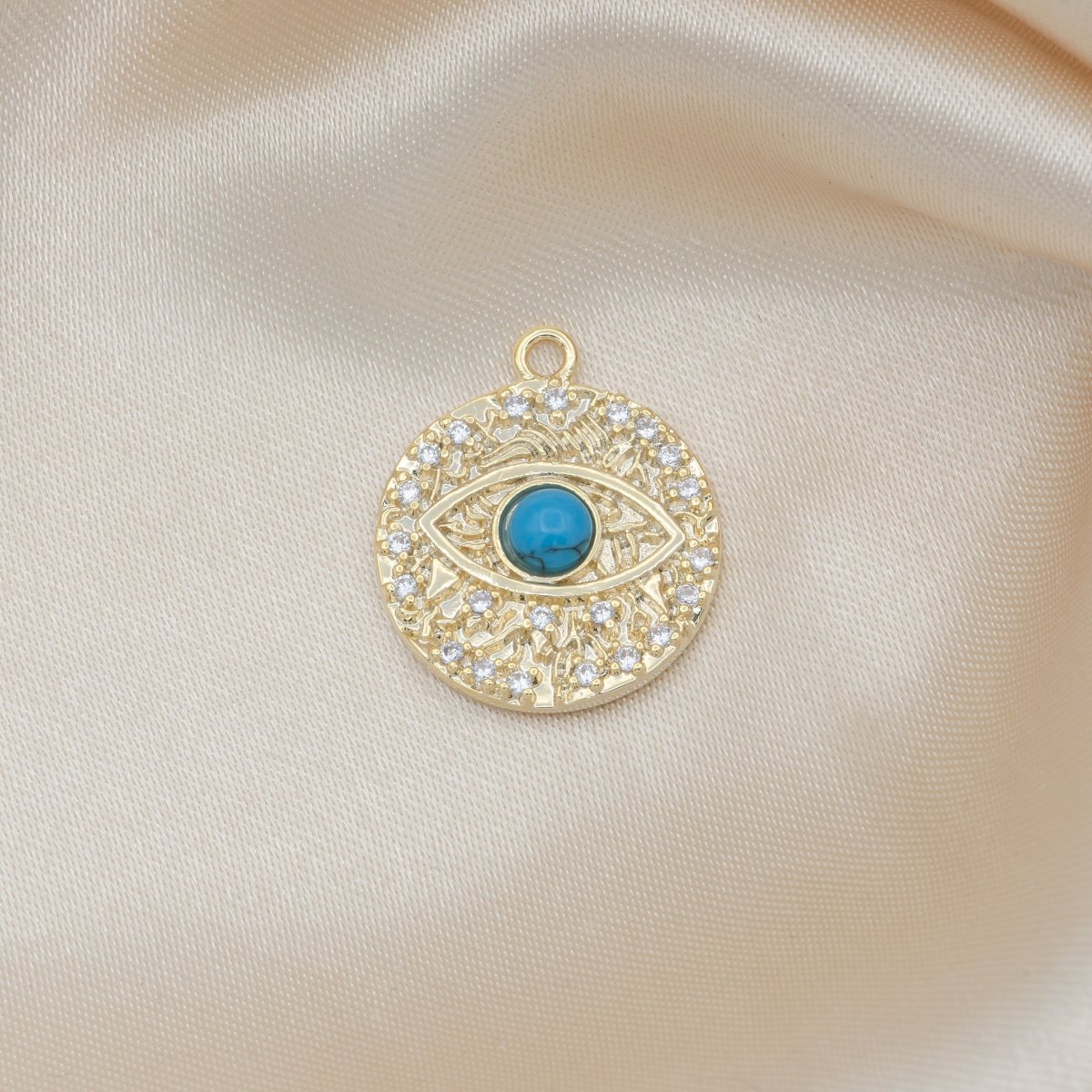 Blue Evil Eye on Crystal Gold Plated Rustic Coin Charm CZ Golden Medallion Micro Pave Charm Pendant GP-485 - DLUXCA