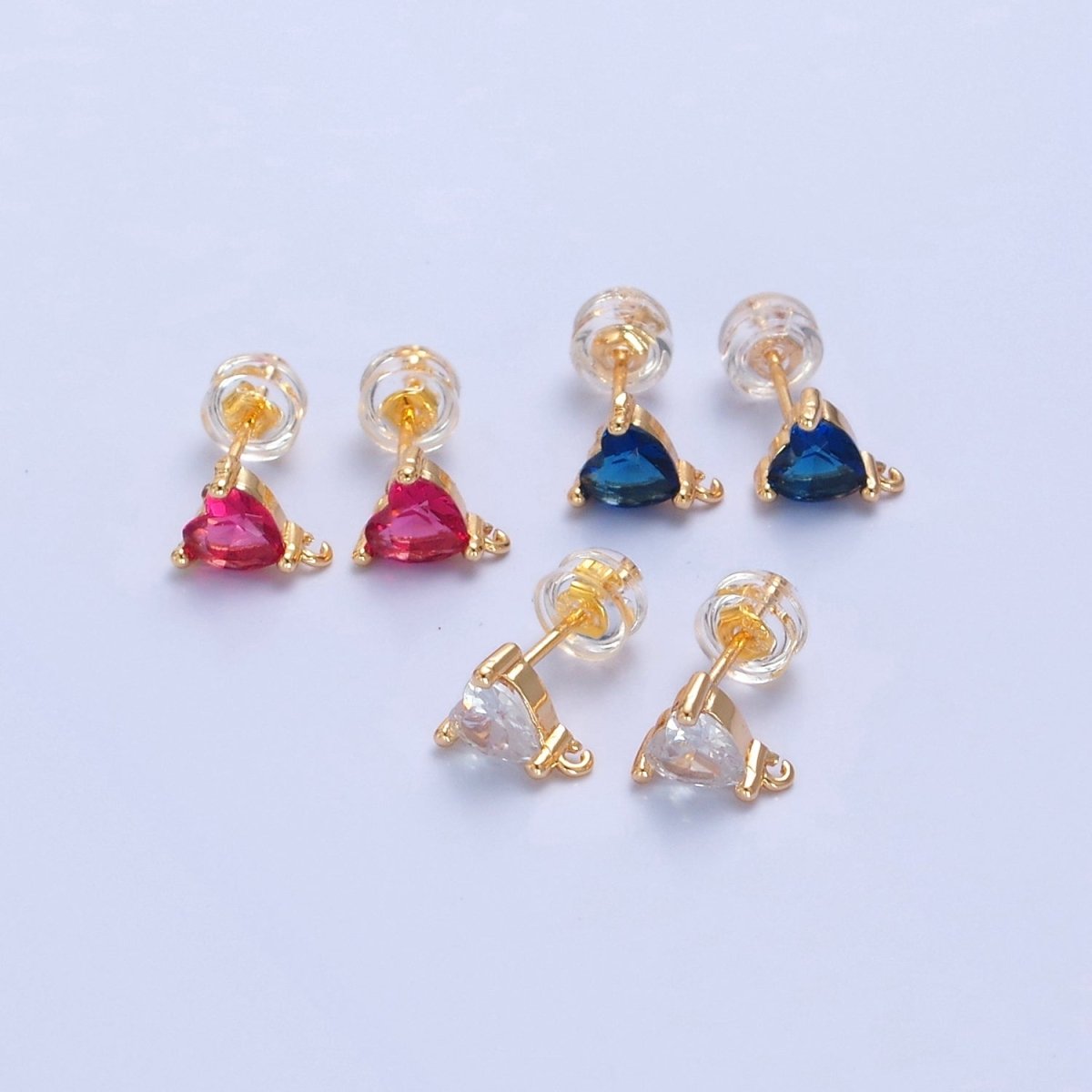 Blue / Fuchsia / Clear Heart Cubic Zirconia Gold Studs Open Loop Drop Earrings Supply L-763~L-765 - DLUXCA