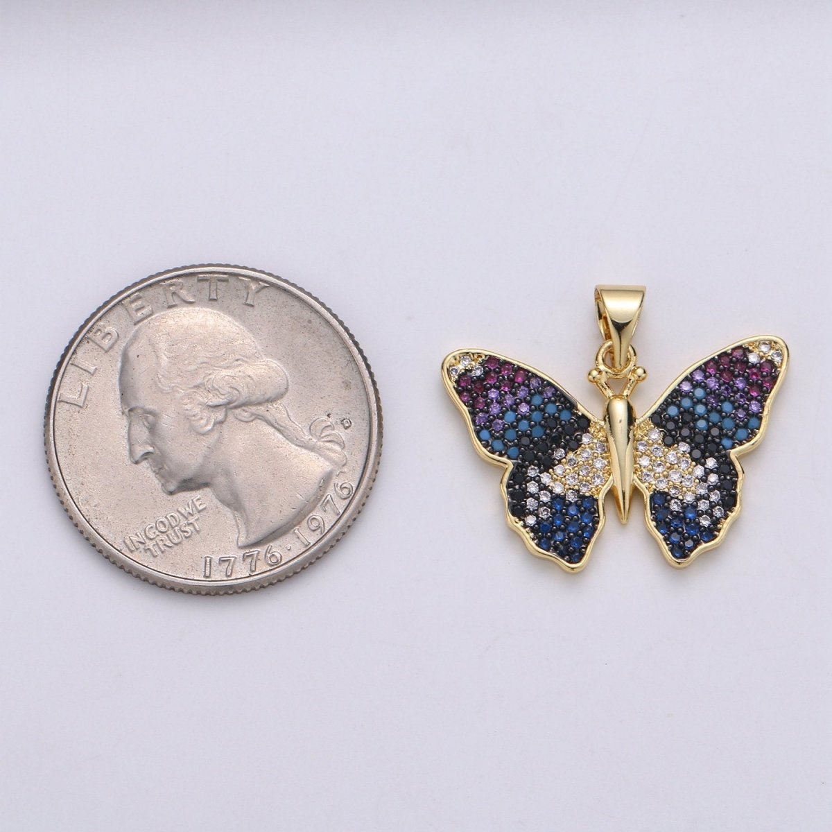 Blue Gradation Butterfly Micro Pave 24K Gold Filled Pendant, Cubic Zirconia Butterfly Pendant Charm Connector, For DIY Jewelry J-128 - DLUXCA