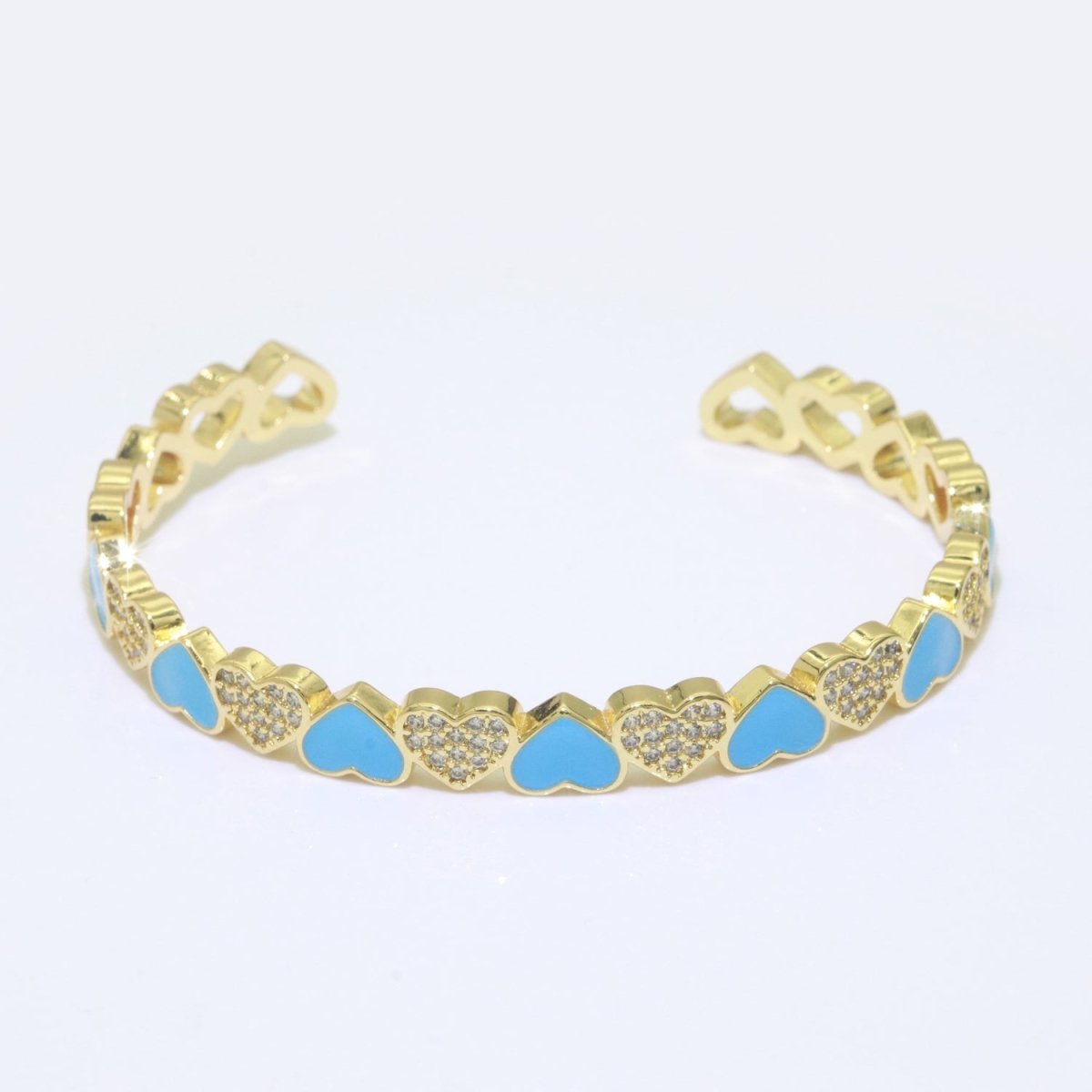 Blue Heart Enamel 14k Gold Filled Adjustable Bangle, Gold Cuff Bangle Bracelet Micro Pave Jewelry - DLUXCA