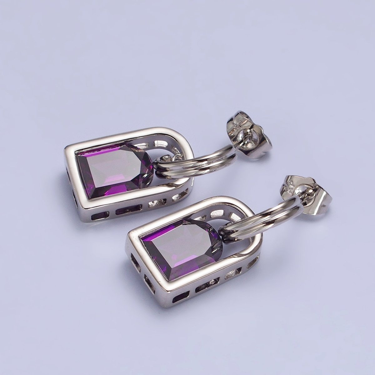 Blue, Pink, Orange, Yellow, Purple, Red, Clear Capsule Drop Dangle J-Shaped Silver Earrings | AB278 - AB284 - DLUXCA