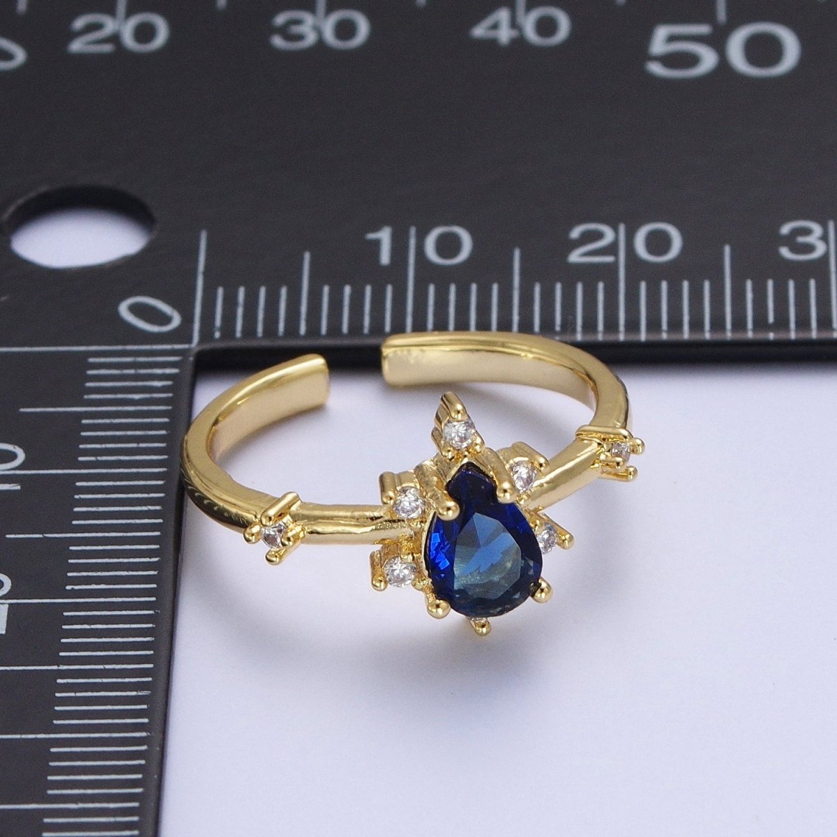 Blue Sapphire Teardrop Cubic Zirconia Gold Adjustable Ring S-309 - DLUXCA