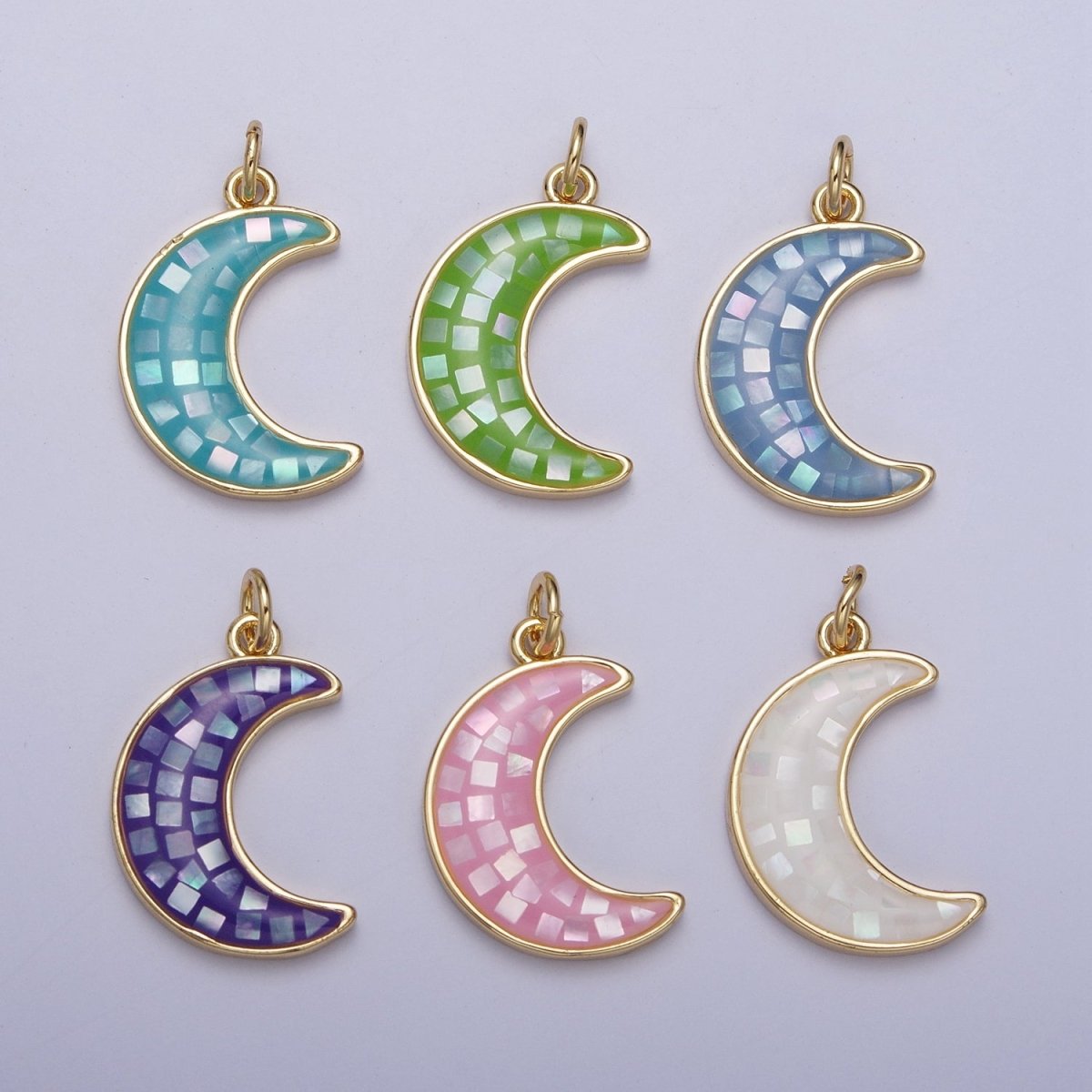 Blue, White, Pink, Purple, Green, Light Blue Opal Celestial Crescent Moon Gold Charm For Jewelry Making AG-030~AG-035 - DLUXCA