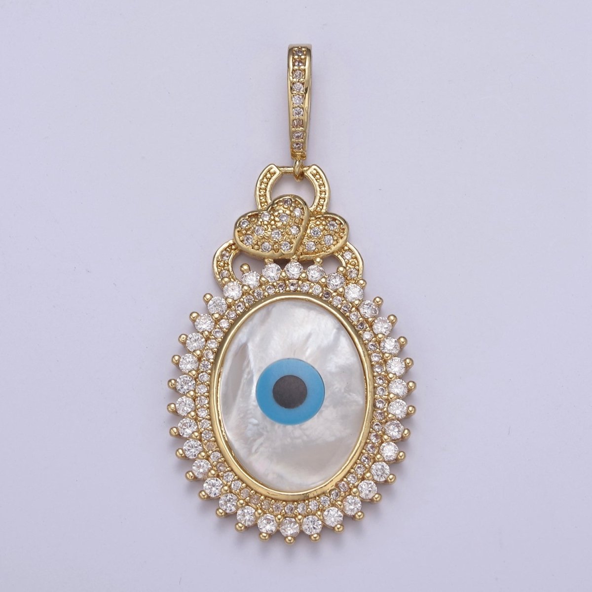Bold 14K Gold Filled Evil Eye Pendant With Shell Pearl Encrusted with Clear Cubic Zirconia CZ Talisman Amulet Pendant For Statement Jewelry Necklace Making H-830 - DLUXCA