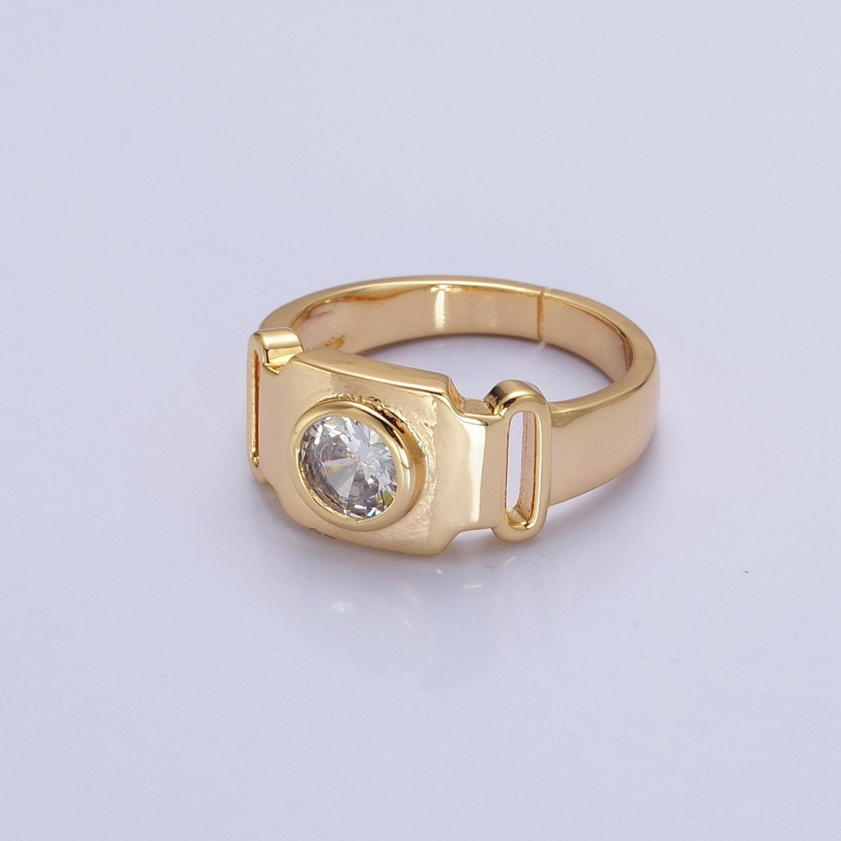 Bold Buckle Gold Ring for Statement Jewelry with Clear CZ Stone Open Adjustable Ring O-1553 O-1554 - DLUXCA