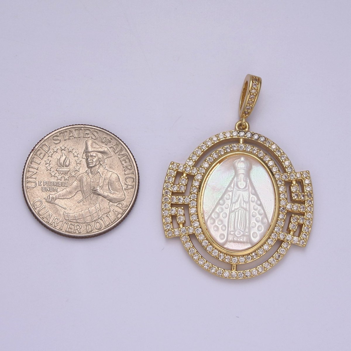 Bold Chunky Medallion Gold Filled Cubic Zirconia Mother Of Pearl Virgin Mary Lady of Guadalupe Pendant Necklace for Religious Jewelry Making N-575 - DLUXCA