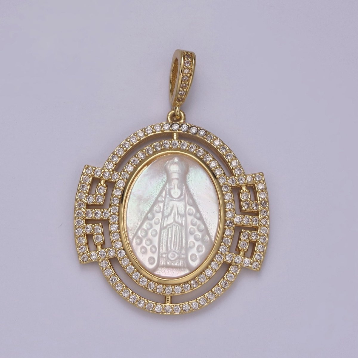 Bold Chunky Medallion Gold Filled Cubic Zirconia Mother Of Pearl Virgin Mary Lady of Guadalupe Pendant Necklace for Religious Jewelry Making N-575 - DLUXCA