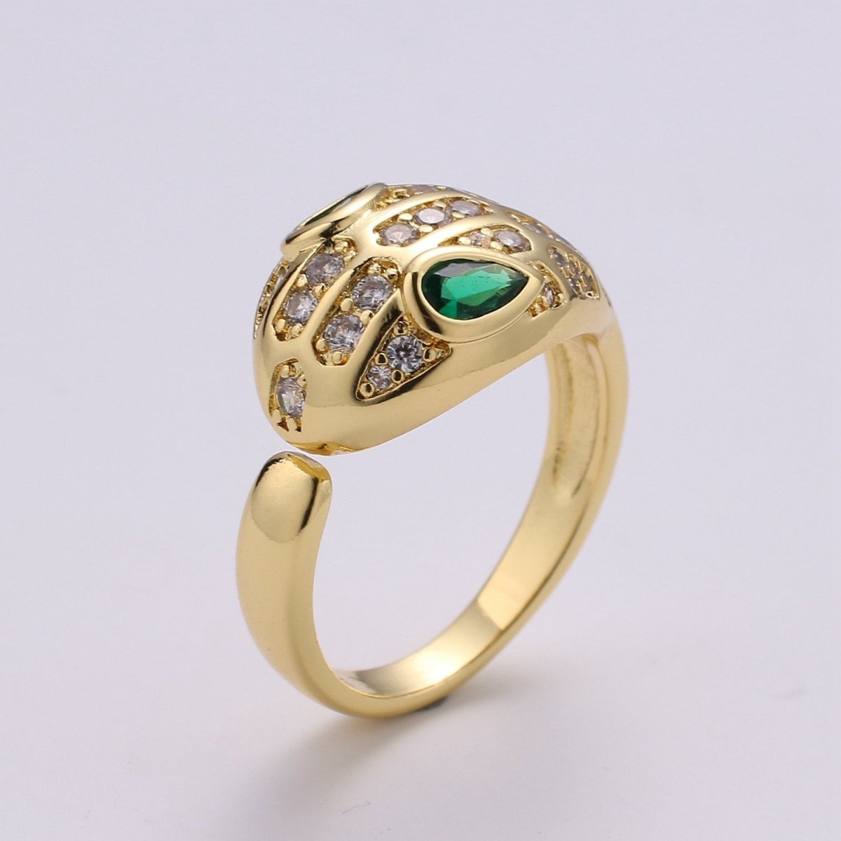 Bold Gold Snake Ring, Gold Serpent Ring, CZ Green Snake Ring, Open Band Wrap Ring, Gold Stackable Ring, Snake Statement Ring for Gift idea, R-038 - DLUXCA