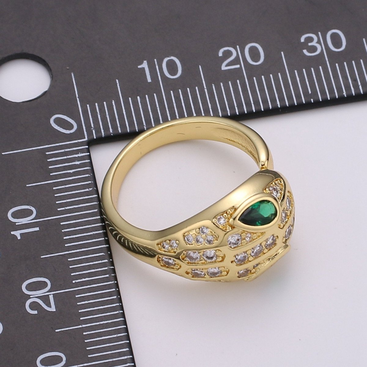 Bold Gold Snake Ring, Gold Serpent Ring, CZ Green Snake Ring, Open Band Wrap Ring, Gold Stackable Ring, Snake Statement Ring for Gift idea, R-038 - DLUXCA